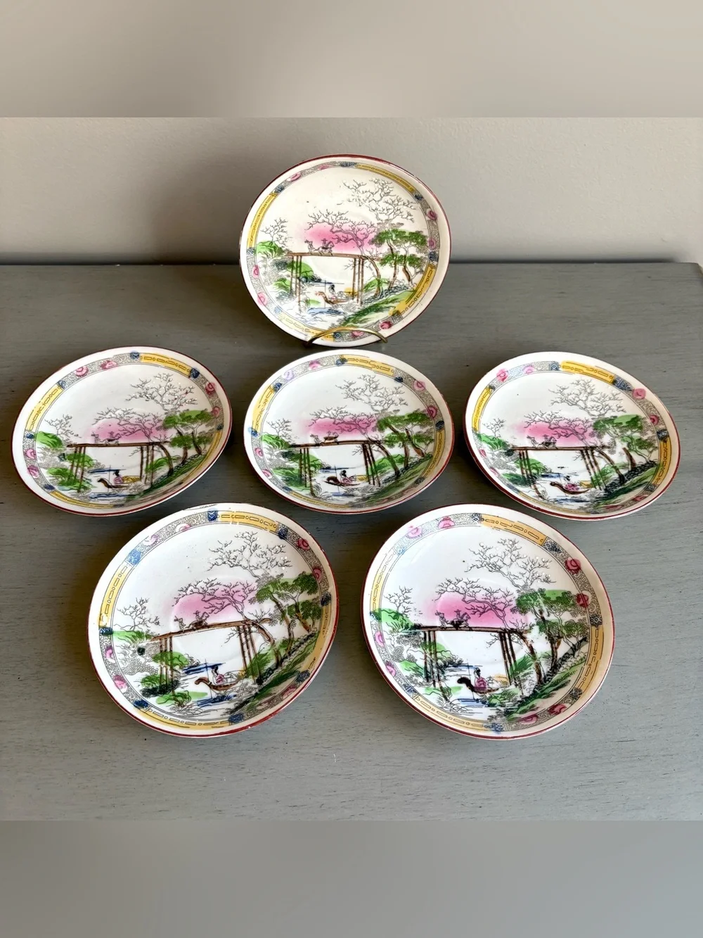 VTG 6 Hand-Painted Japanese Porcelain Saucers Plates Landscape Cherry Blossom